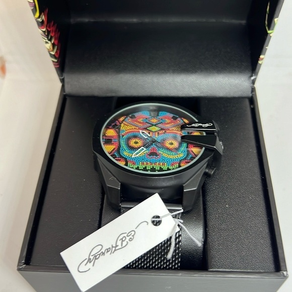 Ed Hardy Men’s Skull Print Dial Matte Black Silicone Strap Analog Watch …